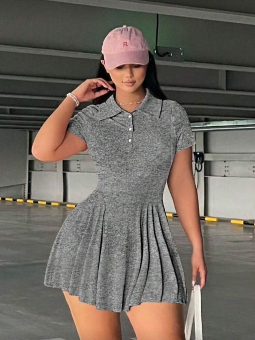 Women's Short Sleeve Polo Dress Fitted Waist Pleated Flare Mini Dress Button Dow